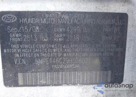 2009 Hyundai Sonata Gls from USA, damaged, VIN 5NPET46C29H518021